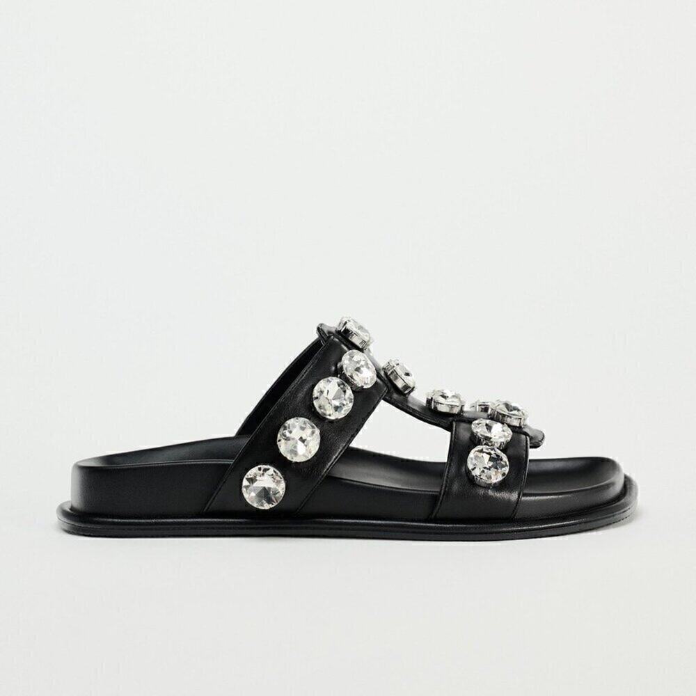 ZARA Black Crystal Embellished Flat Sandals NWT Double Strap Gem Slides Size 7.5 - Picture 13 of 16